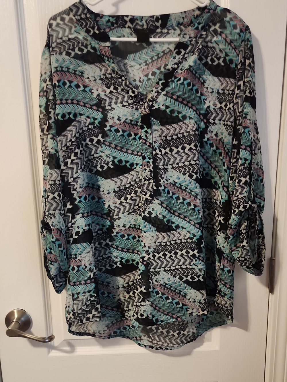 Black Printed V-Neck Blouse with Teal and Pastel Accents